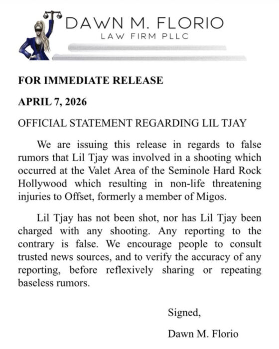 Dawn M. Florio, attorney for Lil Tjay, issues statement denying involvement in Offset shooting and addressing arrest in Florida