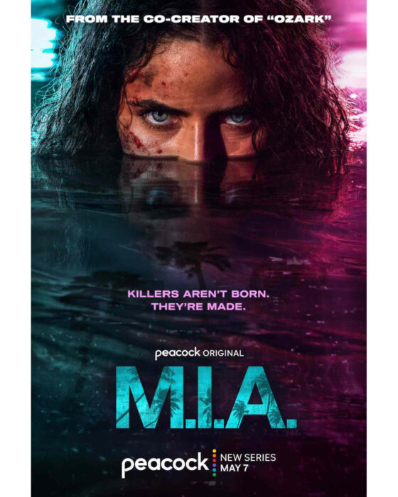 “M.I.A.” key art featuring Shannon Gisela as Etta set against a neon-lit Miami backdrop on Peacock