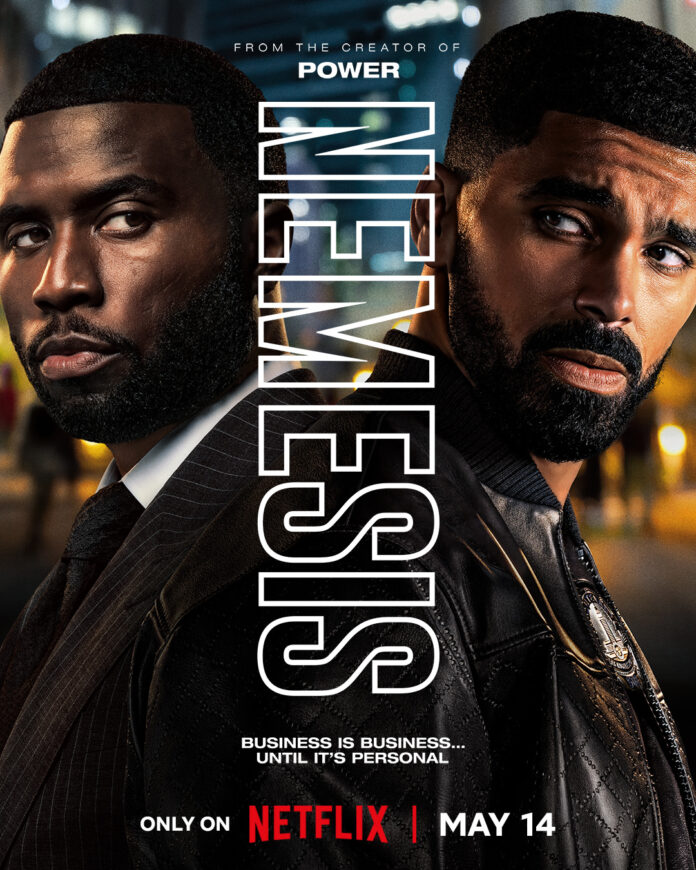 Official key art for Netflix crime drama “Nemesis” from creator Courtney A. Kemp featuring guns, cash, and diamonds ahead of the May 14 premiere