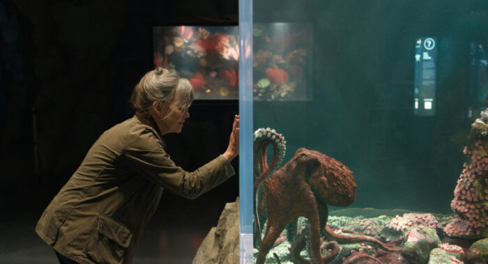 Sally Field as Tova in “Remarkably Bright Creatures” standing in an aquarium setting