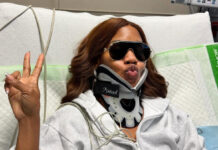 Sarah Jakes Roberts Says She ‘Almost Became Paralyzed’ After Freak Trampoline Accident Sarah Jakes Roberts wearing a neck brace in the hospital, sunglasses on, holding up a peace sign after her trampoline accident injury