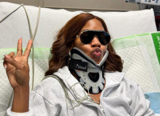Sarah Jakes Roberts Says She ‘Almost Became Paralyzed’ After Freak Trampoline Accident Sarah Jakes Roberts wearing a neck brace in the hospital, sunglasses on, holding up a peace sign after her trampoline accident injury