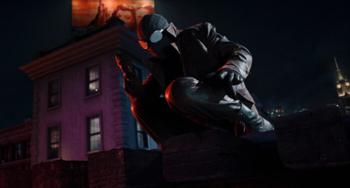 Nicolas Cage as Spider-Noir crouching on a rooftop at night in Prime Video’s “Spider-Noir” series set in 1930s New York