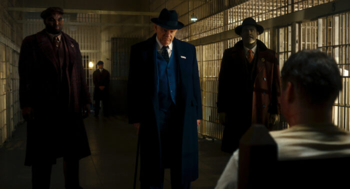 Abraham Popoola as Tombstone, Brendan Gleeson as Silvermane, and Jack Huston as Sandman in “Spider-Noir” Prime Video series