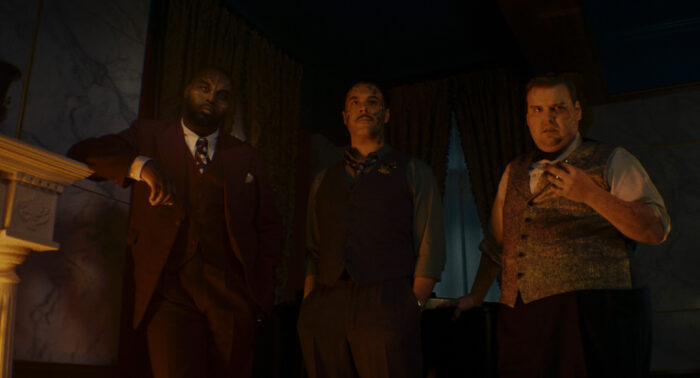 Abraham Popoola as Tombstone, Brendan Gleeson as Silvermane, and Jack Huston as Sandman in a scene from “Spider-Noir” on Prime Video