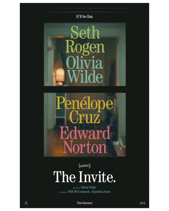 Seth Rogen and Penélope Cruz in "The Invite" (2026) movie poster featuring a tense dinner party scene with mysterious guests