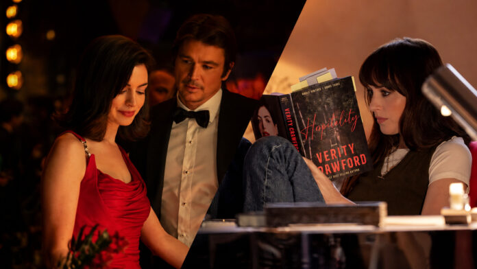verity-teaser-trailer-anne-hathaway-josh-hartnett-dakota-johnson-split-scene Anne Hathaway and Josh Hartnett at gala alongside Dakota Johnson reading manuscript in Verity teaser trailer psychological thriller