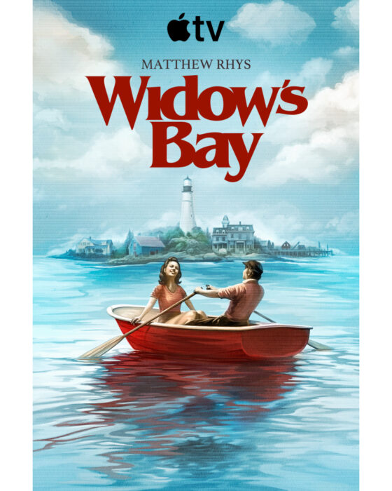 “Widow’s Bay” on Apple TV starring Matthew Rhys, featuring a couple in a rowboat near a mysterious coastal town with a lighthouse in the background