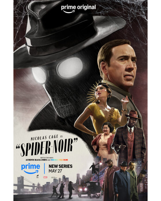 Ensemble cast of “Spider-Noir” posed against a dark, noir-inspired 1930s New York backdrop in the official key art for the MGM+ and Prime Video series starring Nicolas Cage.