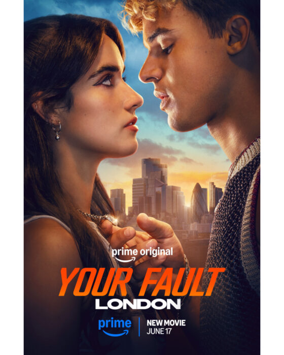 Close-up of Noah and Nick staring intensely at each other with the London skyline in the background in the official key art for “Your Fault: London”  