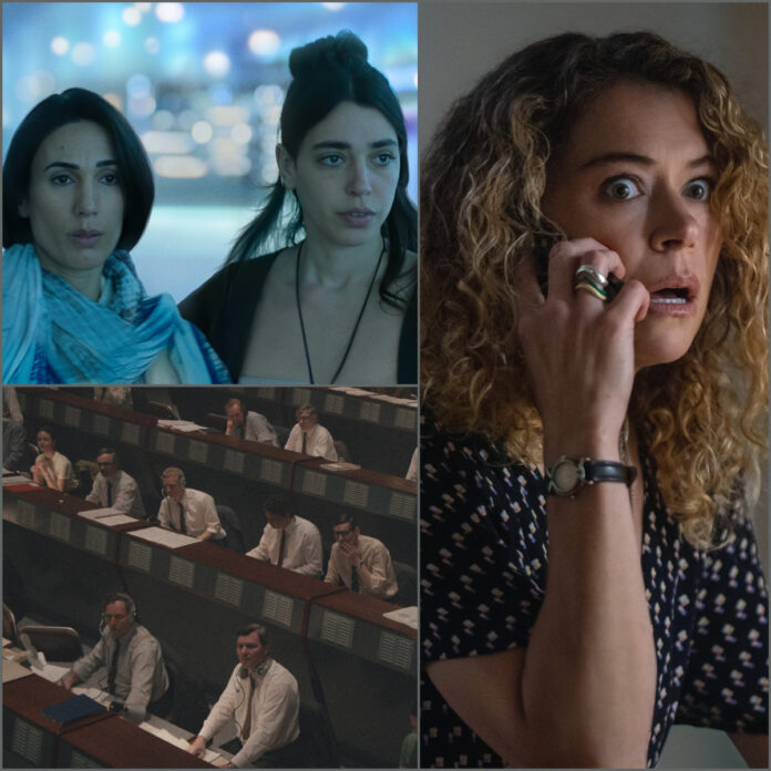 Collage featuring Liraz Chamami and Talia Lynne Ronn in “Unconditional,” Tatiana Maslany in “Maximum Pleasure Guaranteed,” and Rhys Ifans in “Star City,” premiering on Apple TV May 2026