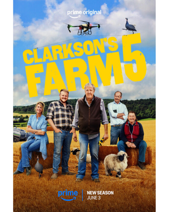 Jeremy Clarkson, Kaleb Cooper, and the Diddly Squat Farm team standing in a field with sheep and farm equipment in the official key art for “Clarkson’s Farm” Season 4 on Prime Video.