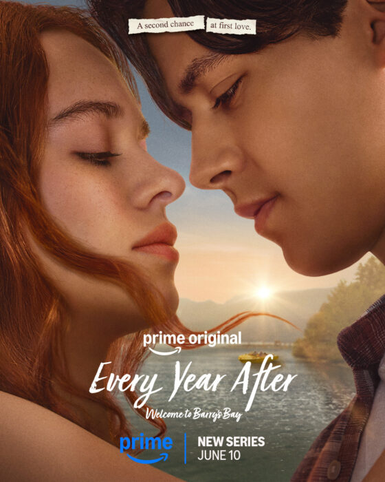 Two young lovers leaning toward each other near a lake at sunset in the official key art for “Every Year After” on Prime Video.