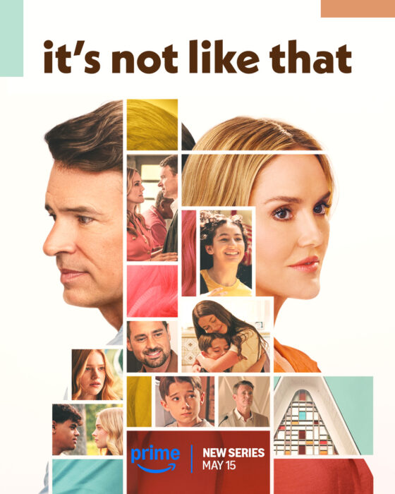 Scott Foley and Erinn Hayes in It’s Not Like That Prime Video series about two single parents navigating life