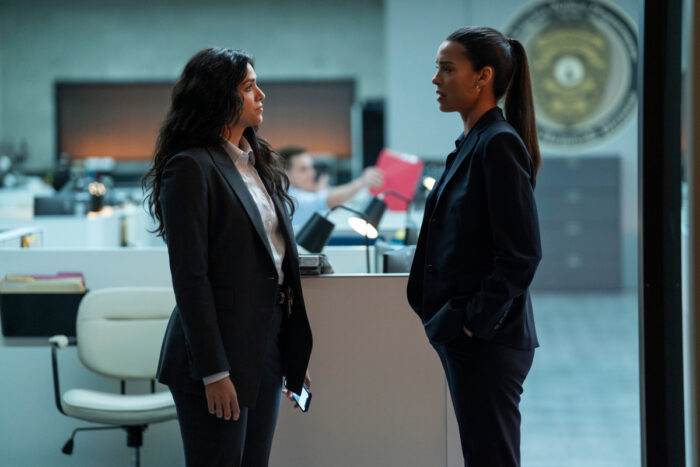 Ariana Guerra as Yvette Cruz and Stephanie Sigman as Nicolette Harper in episode 107 of “Nemesis” on Netflix