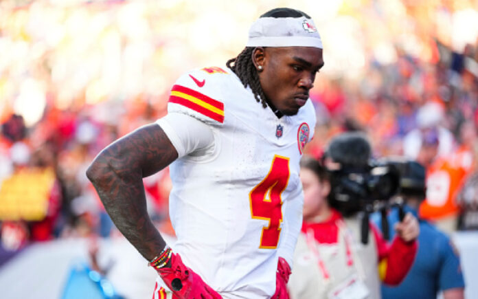 Rashee Rice reacts during a Kansas City Chiefs game amid news of the NFL player being ordered to serve 30 days in jail for violating probation connected to the 2024 Dallas highway crash case.