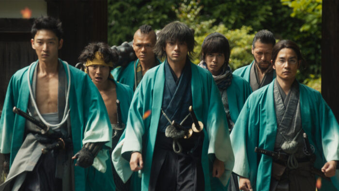 Cast of Song of the Samurai (2026) on HBO Max dressed as Shinsengumi warriors walking together in a dramatic Kyoto setting