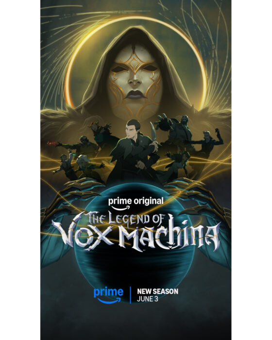 Vox Machina characters standing before a mysterious masked figure in the official key art for “The Legend Of Vox Machina” Season 4 on Prime Video.