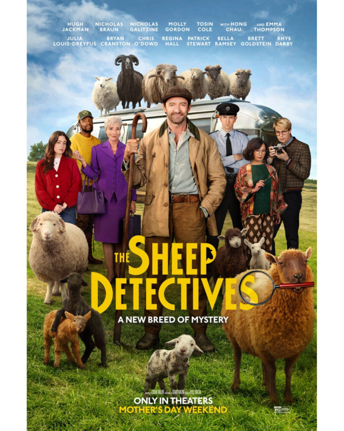 Official movie poster for “The Sheep Detectives” featuring Hugh Jackman and the sheep detective characters now playing in theaters