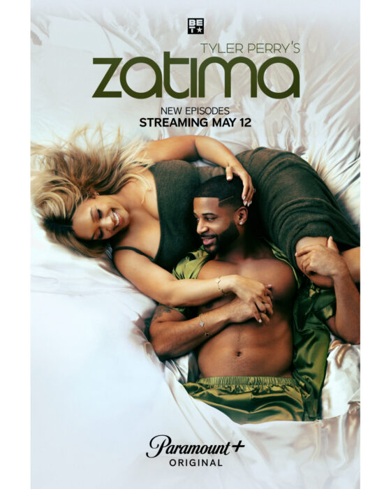 Tyler Perrys Zatima Season 4B key art featuring Zac and Fatima returning May 2026 on Paramount Plus