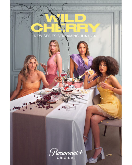 Key Art for Wild Cherry Season 1, featuring Eve Best as Juliet Lonsdale, Amelia May as Allegra Lonsdale, Carmen Ejogo as Lorna Gibbons and Imogen Faires as Grace Gibbons streaming on Paramount+