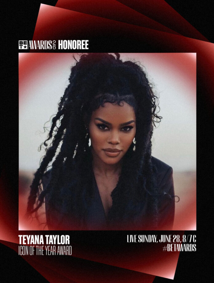 Teyana Taylor poses at an event ahead of receiving the Icon of the Year Award at the BET Awards 2026.