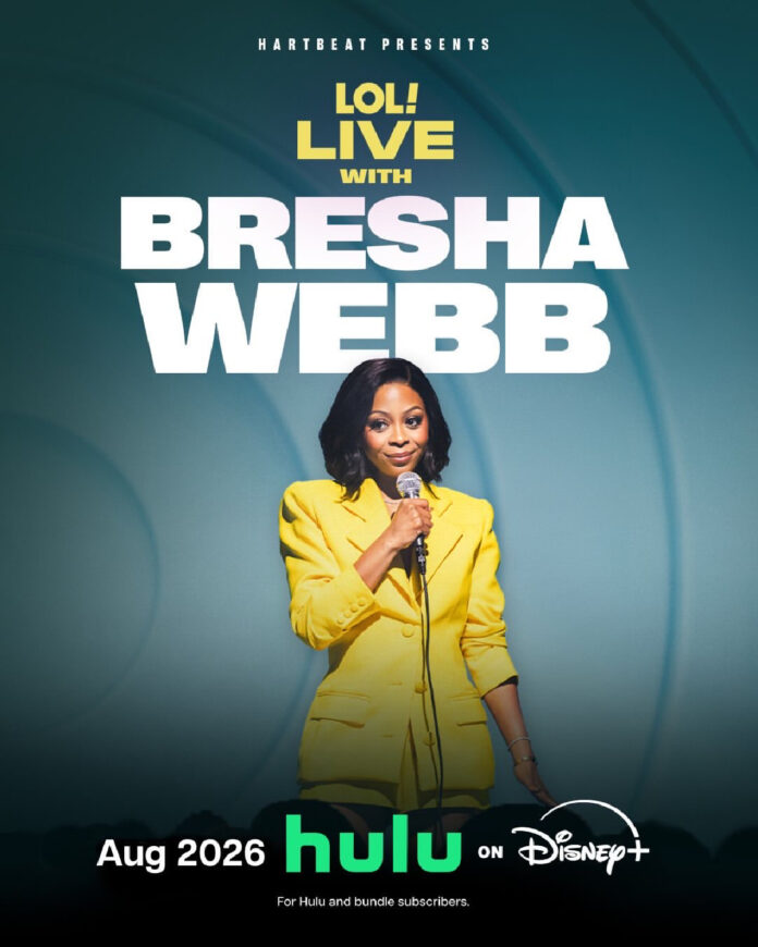 Bresha Webb poses in the official key art for her "LOL Live" stand-up comedy special, premiering on Hulu in August 2026.