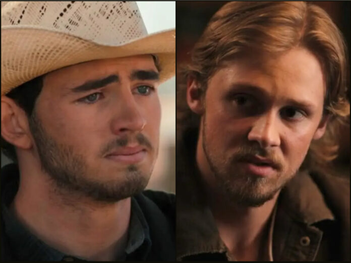 Carter and Austin in "Dutton Ranch" Episode 8 as Austin reveals the truth about 10 Petal during a pivotal confrontation.