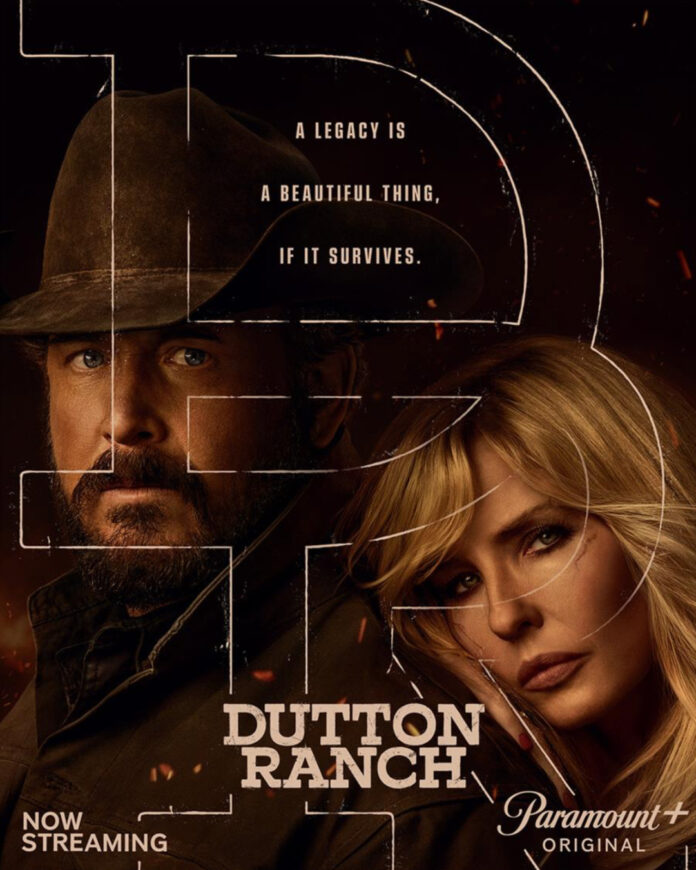dutton-ranch-season-2-renewal-paramount-plus-key-art Kelly Reilly and Cole Hauser in Dutton Ranch promotional artwork as Paramount+ renews the series for Season 2.