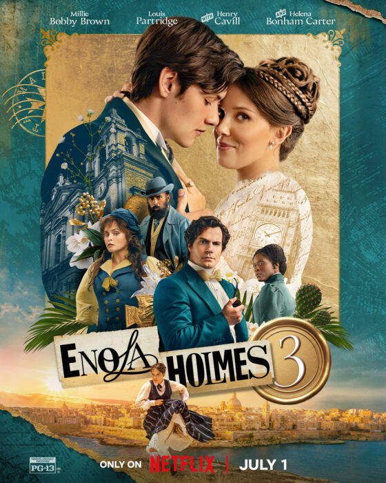 Official key art for "Enola Holmes 3," starring Millie Bobby Brown, streaming on Netflix.