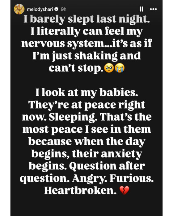 Melody Shari discusses anxiety, sleepless nights, and concern for her children in an emotional Instagram Story post.