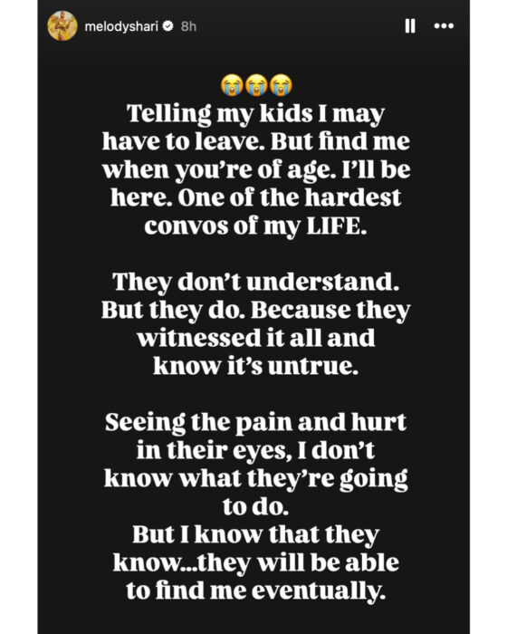 Mel shares an emotional Instagram Story about telling her children she may have to leave and seeing their pain.