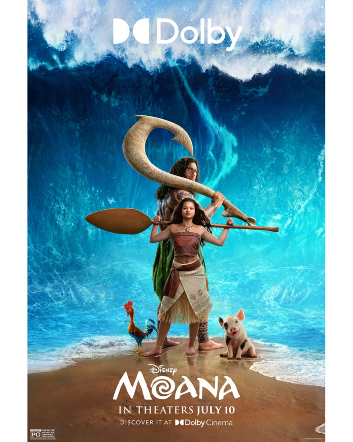 Dolby Cinema poster for Disney's live-action Moana featuring Catherine Lagaʻaia as Moana standing on the ocean with Maui in the background.