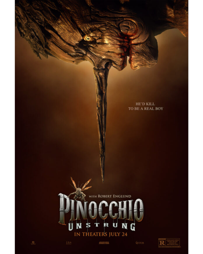 Official key art poster for Pinocchio Unstrung, the 2026 horror movie starring Robert Englund and Richard Brake, arriving in theaters on July 24, 2026.