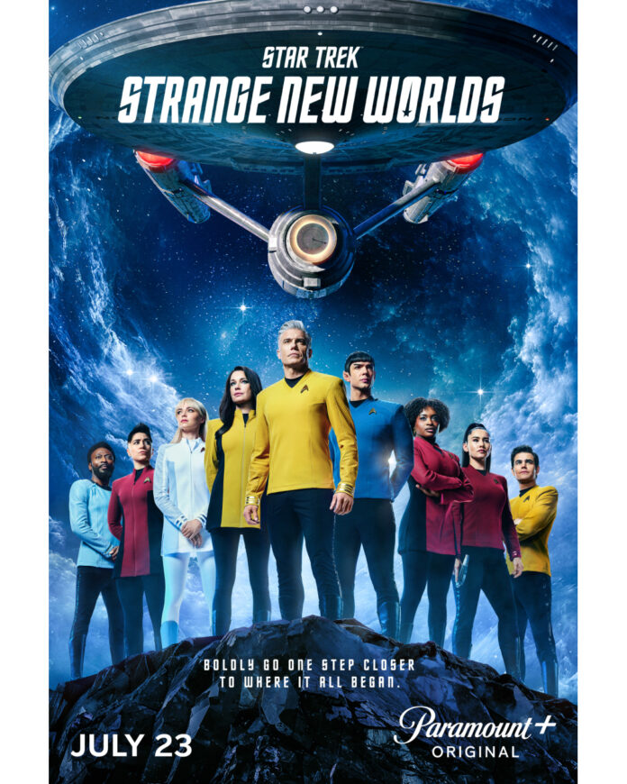 Anson Mount as Captain Christopher Pike with the crew of the U.S.S. Enterprise in the official key art for "Star Trek: Strange New Worlds" Season 4 on Paramount+.