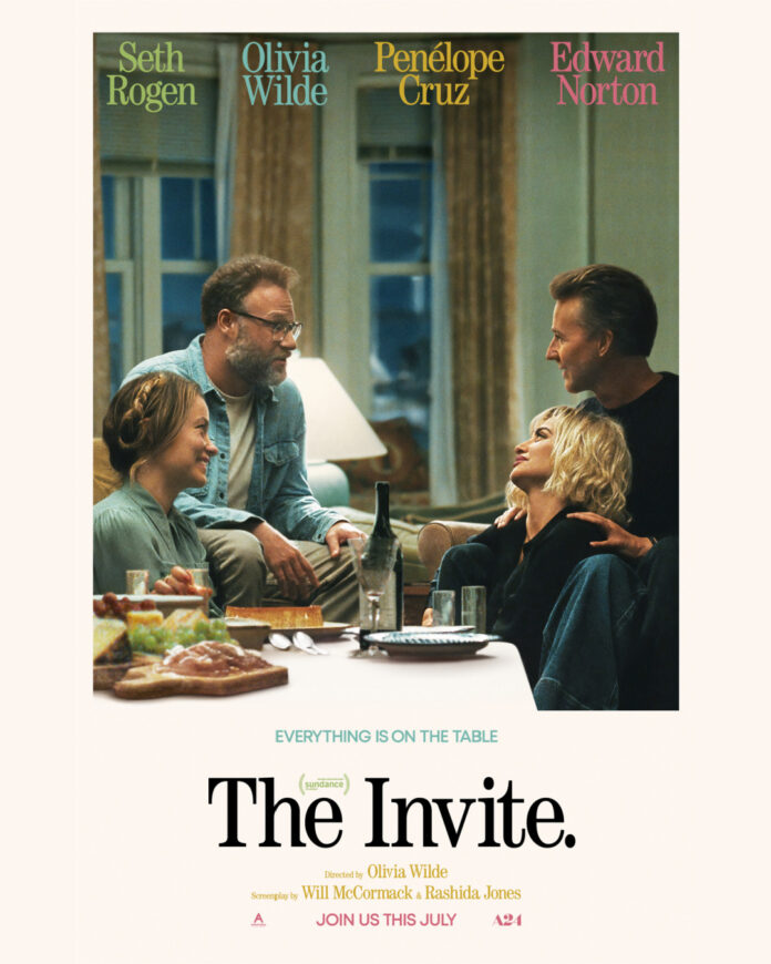Official poster for The Invite, starring Seth Rogen, Olivia Wilde, Penélope Cruz, and Edward Norton.