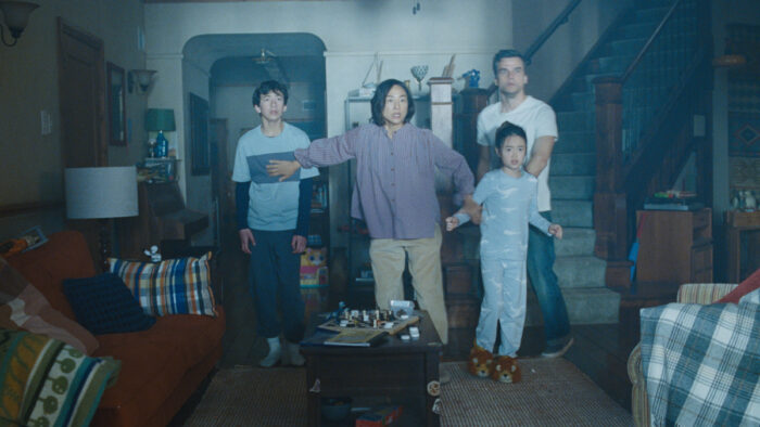 Greta Lee as Ann, Wagner Moura as Jason, Noah Alexander Sosnowski as Graham, and Riley Chung as Ruth in Netflix's thriller "The Last House" (2026).