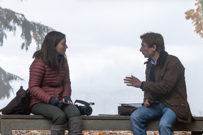 Mikey Madison as Frances Haugen and Jeremy Allen White as Jeff Horwitz in a scene from Aaron Sorkin's dramatic thriller "The Social Reckoning."