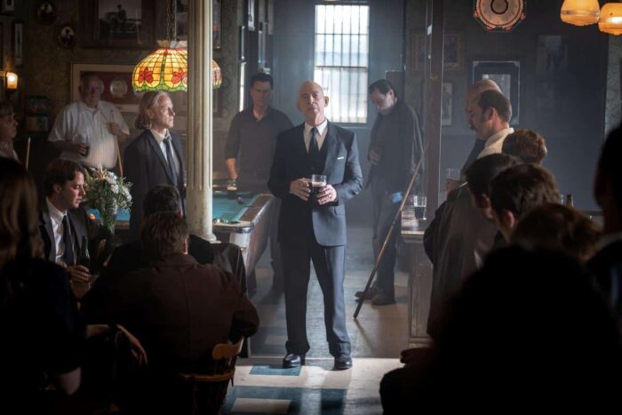 Patrick Garrow as Dukey, Vincent Walsh as Eddie Breen, J.K. Simmons as Eamon Sweeney, Michael Cram as Father Michael, and Tadhg McMahon as Cliffie in “The Westies,” MGM+ crime drama series.