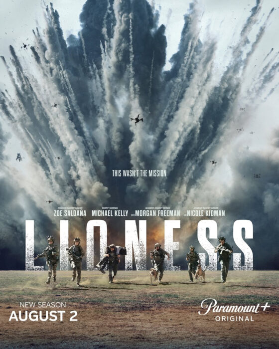 Official key art for "Lioness" Season 3 featuring Zoe Saldaña as Joe McNamara, with Nicole Kidman and Michael Kelly, promoting the Paramount+ espionage thriller premiering August 2, 2026.