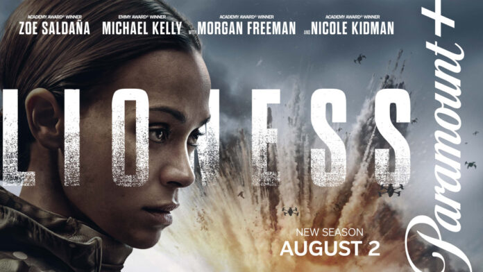 Lioness-Season-3-key-art-horizontal (L-R): Zoe Saldaña as Joe McNamara in the Key Art for in season 3 of Lioness, streaming on Paramount+, 2026.