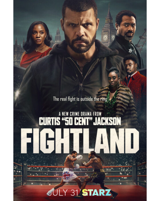 Official key art for “Fightland”, the Starz crime drama starring Howard Charles as a former boxing champion seeking revenge after his release from prison.