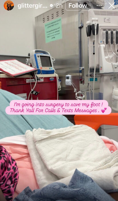 Screenshot of Gloss Up's Instagram Story thanking fans for their support and sharing that she was going into surgery to save her foot after a serious car accident.