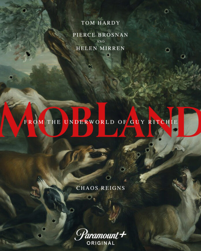 Official key art for "MobLand" Season 2 starring Tom Hardy, Pierce Brosnan, and Helen Mirren on Paramount+.