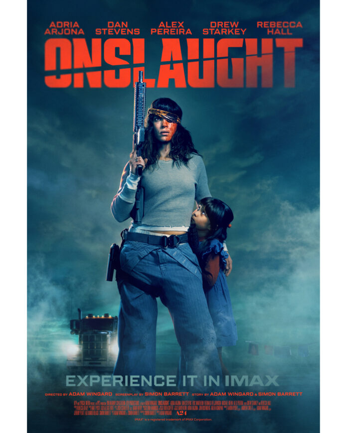 Main poster for A24's Onslaught starring Adria Arjona, in theaters and IMAX on September 4.