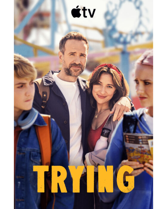 Key art for "Trying" Season 5 starring Esther Smith and Rafe Spall, streaming on Apple TV in July 2026.