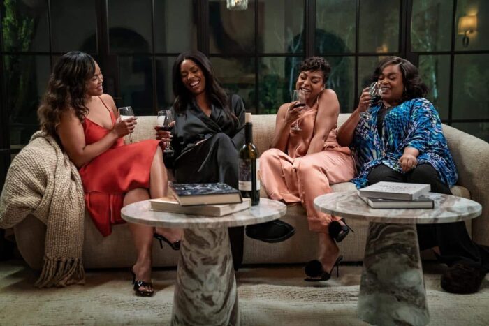 Sharon Leal as Diane, Tasha Smith as Angela, Taraji P. Henson as Roselyn, and Jill Scott as Sheila in "Why Did I Get Married Again?" on Netflix.